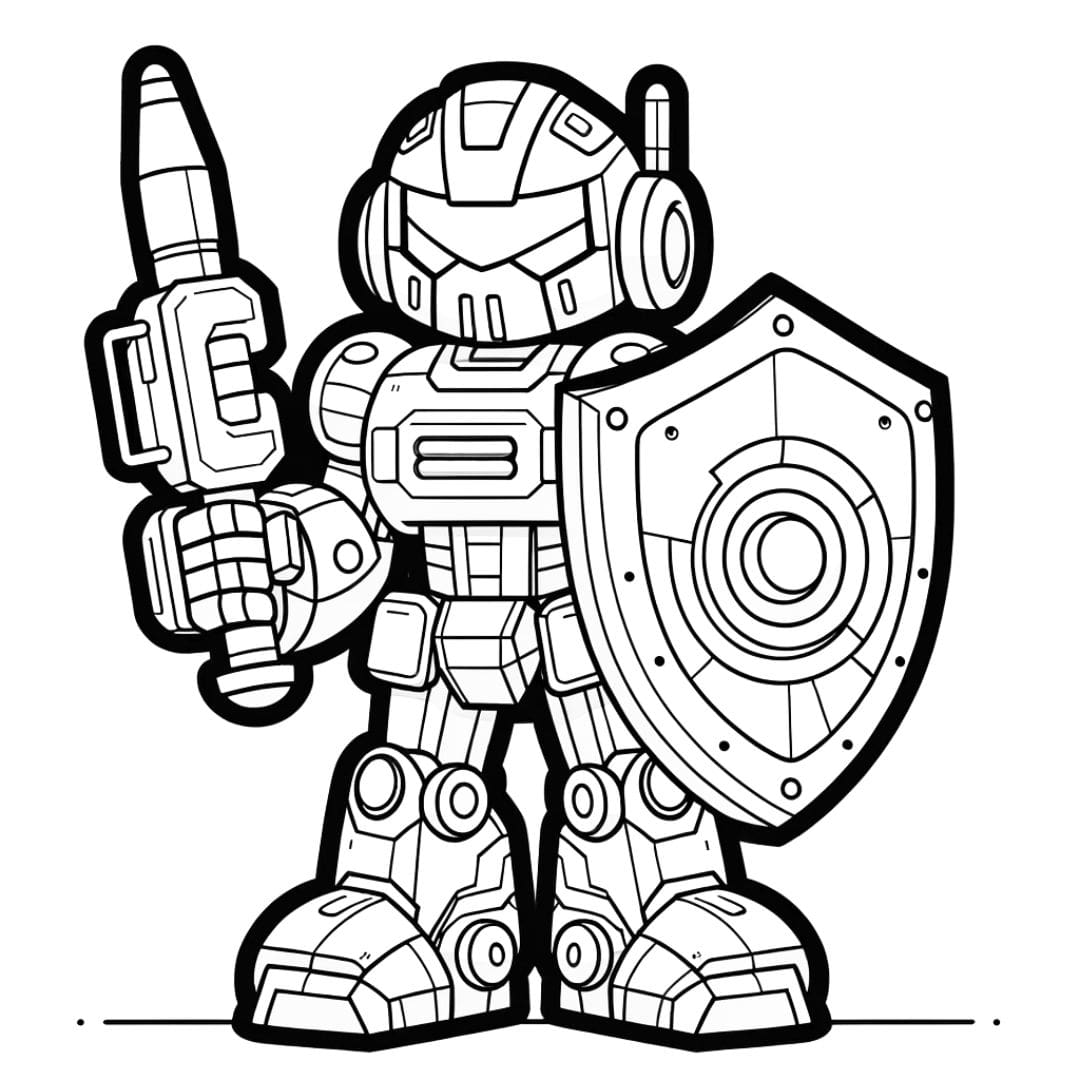 Dessin à colorier d'un robot de combat avec un bouclier