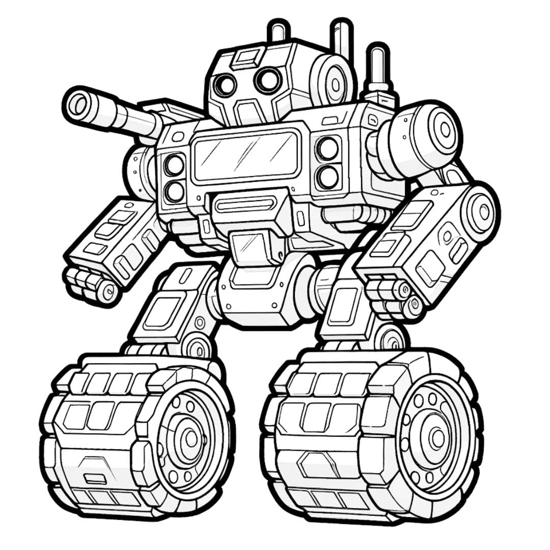 Dessin à colorier d'un robot de combat avec des roues