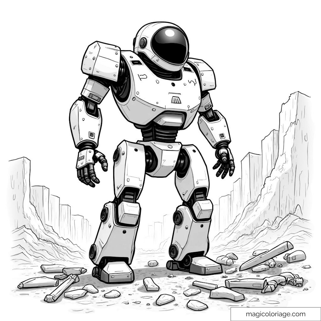 Dessin d'un robot futuriste sur un terrain rocheux