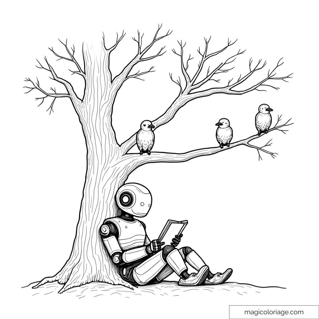 Robot assis sous un arbre avec oiseaux sur les branches.