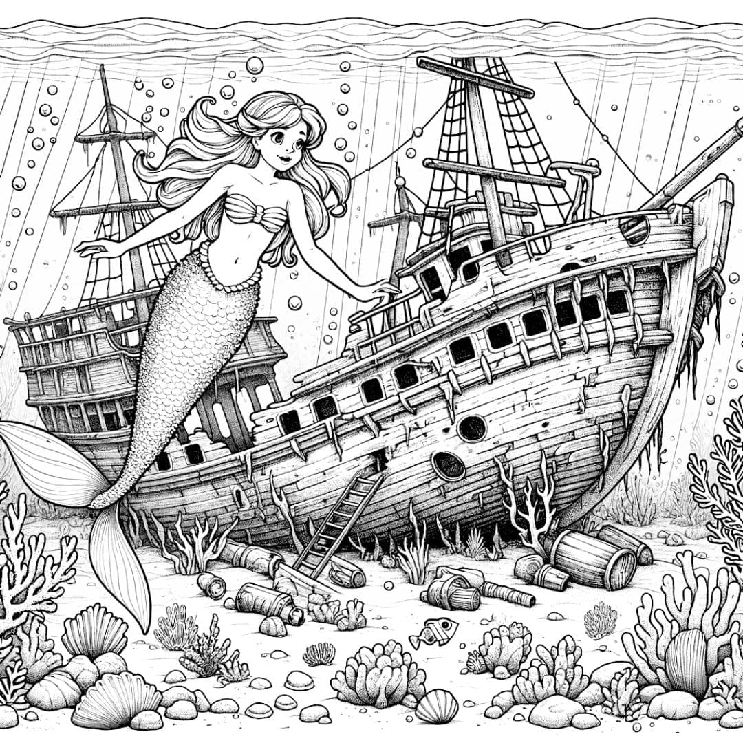 Sirène explorant les restes d'un navire coulé, idéal pour les 8-10 ans