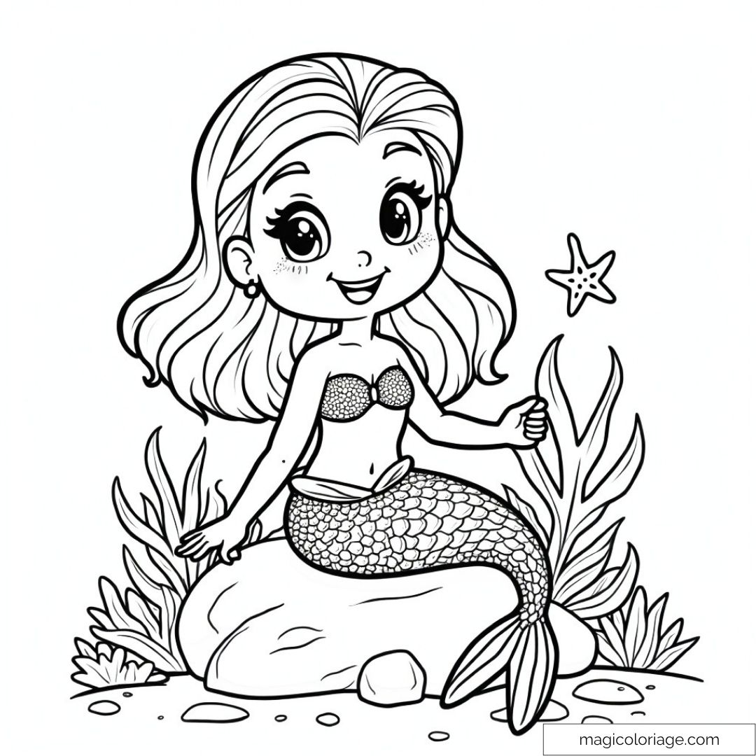 Petite sirène assise sur un rocher avec étoile de mer et algues.