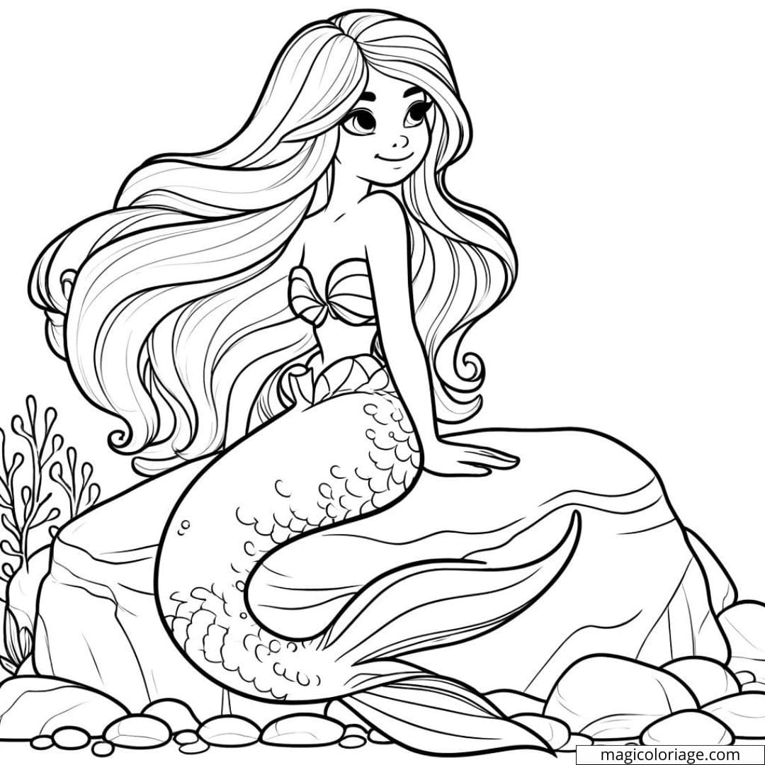 Coloriage de sirène assise sur un rocher.