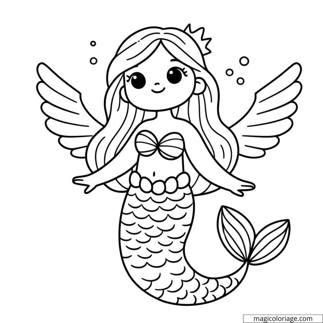 Coloriage de sirène avec des ailes de poisson.