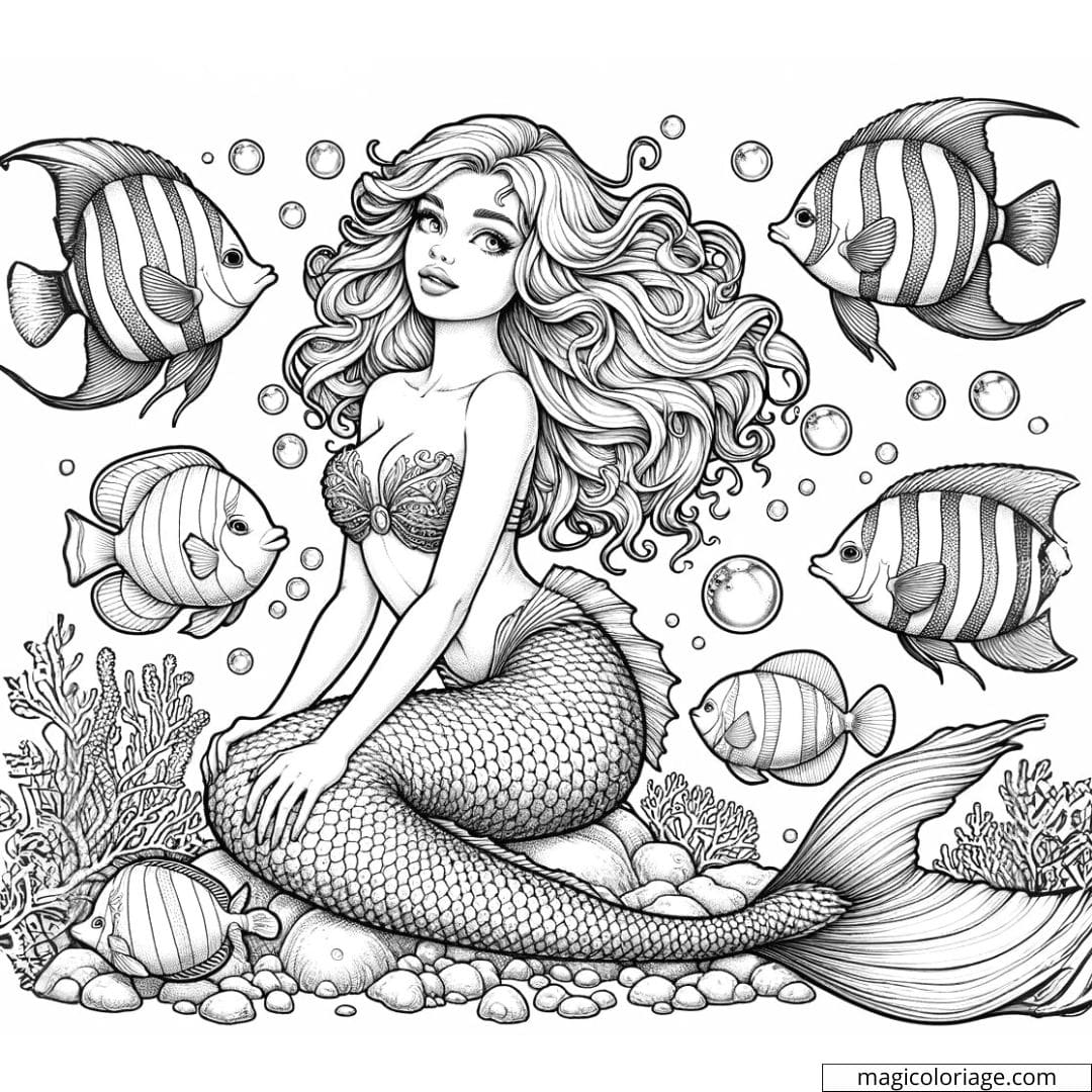 Coloriage de sirène avec des amis poissons