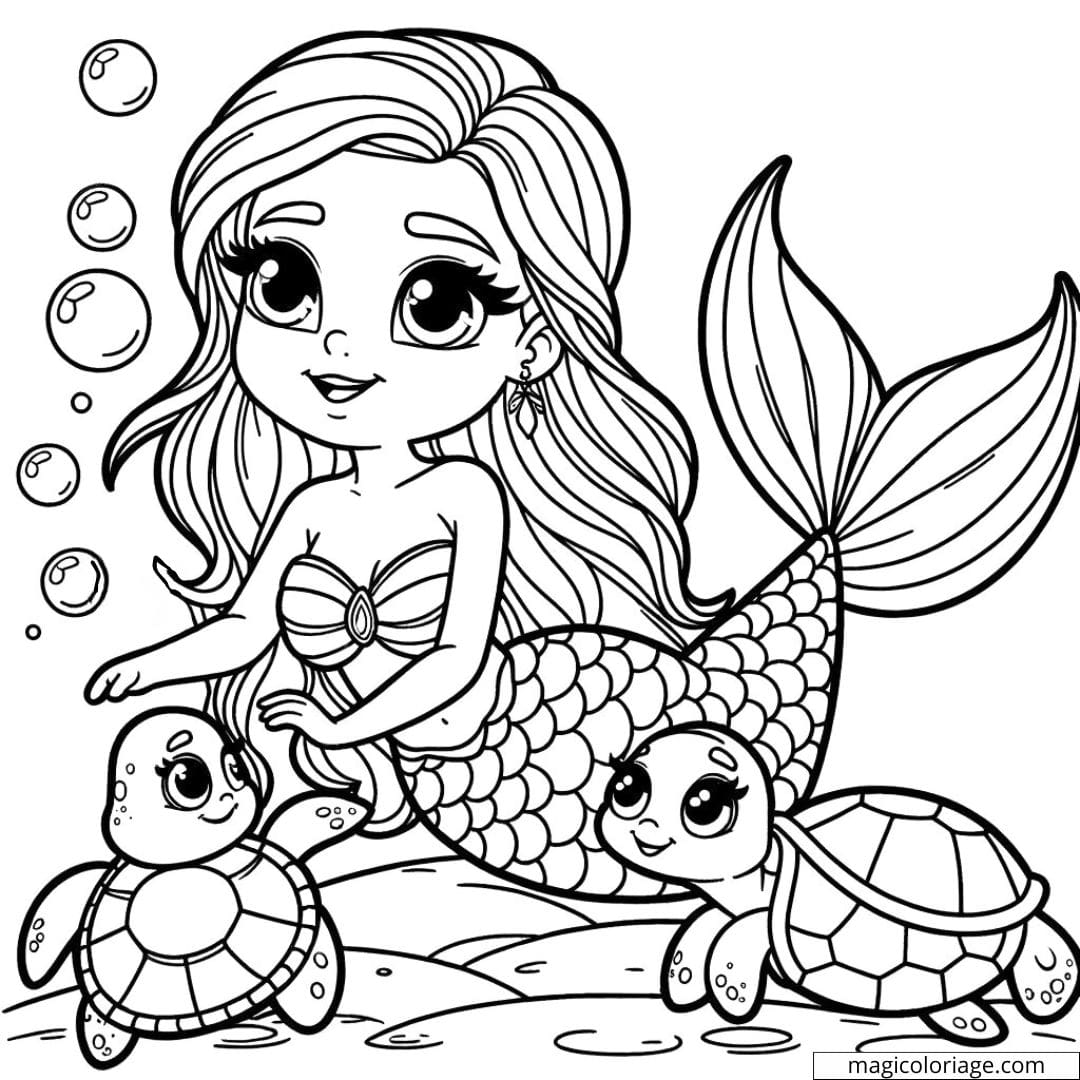 Coloriage de sirène avec des amis tortues.
