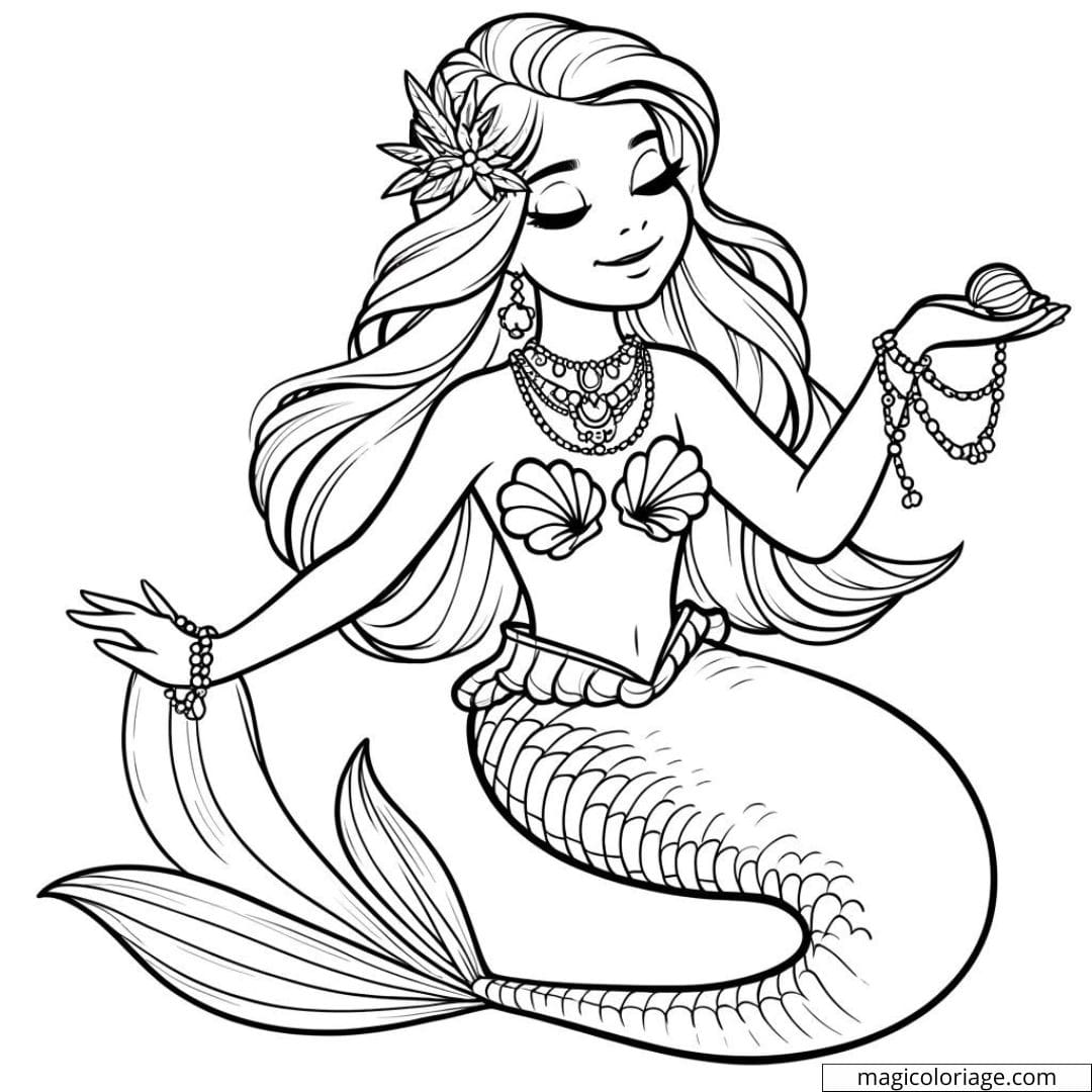 Coloriage de sirène portant des bijoux de coquillages.