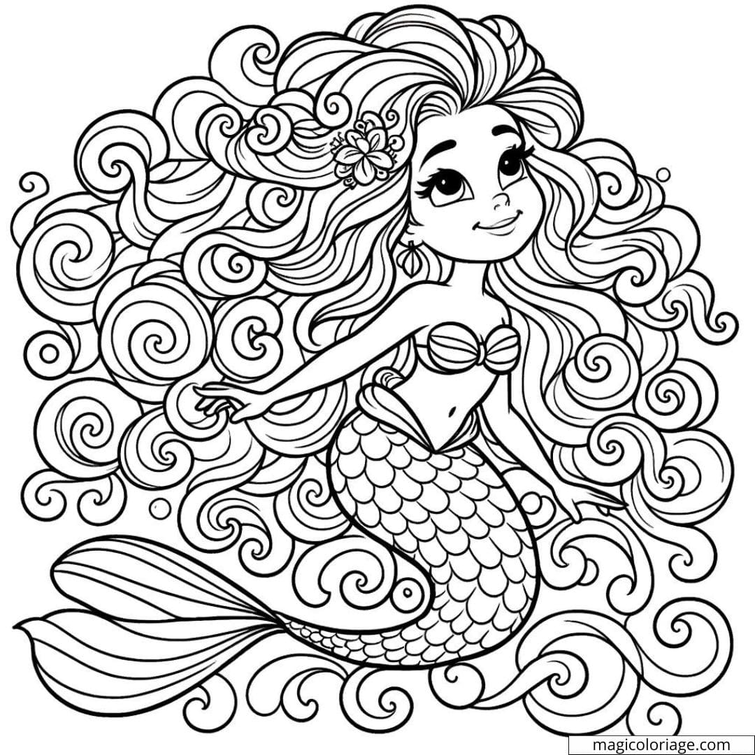 Coloriage de sirène avec des cheveux bouclés flottants.