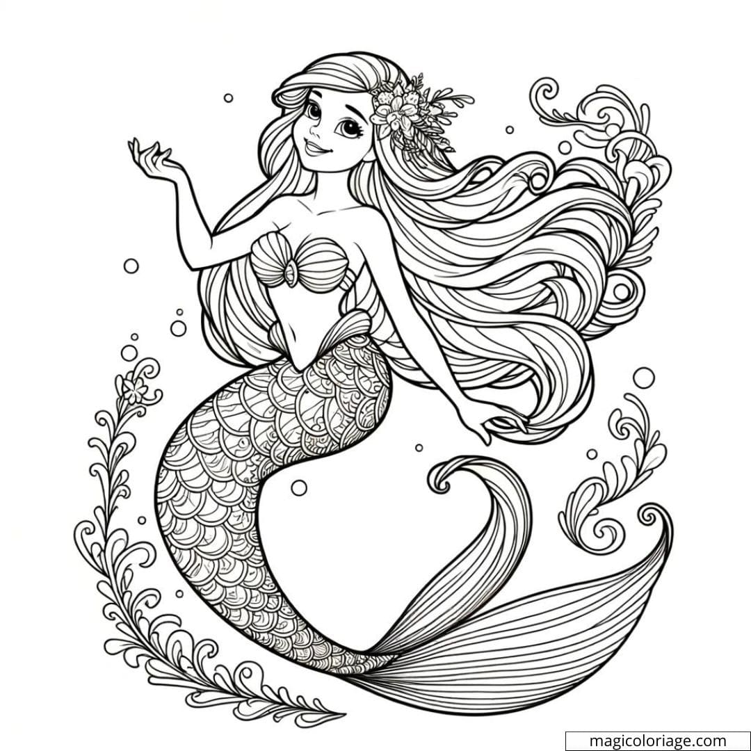 Coloriage de sirène avec des nageoires détaillées.