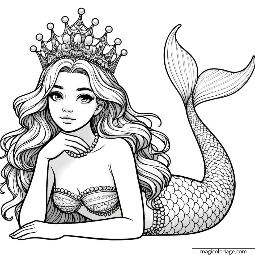 Coloriage de sirène portant une couronne de perles.
