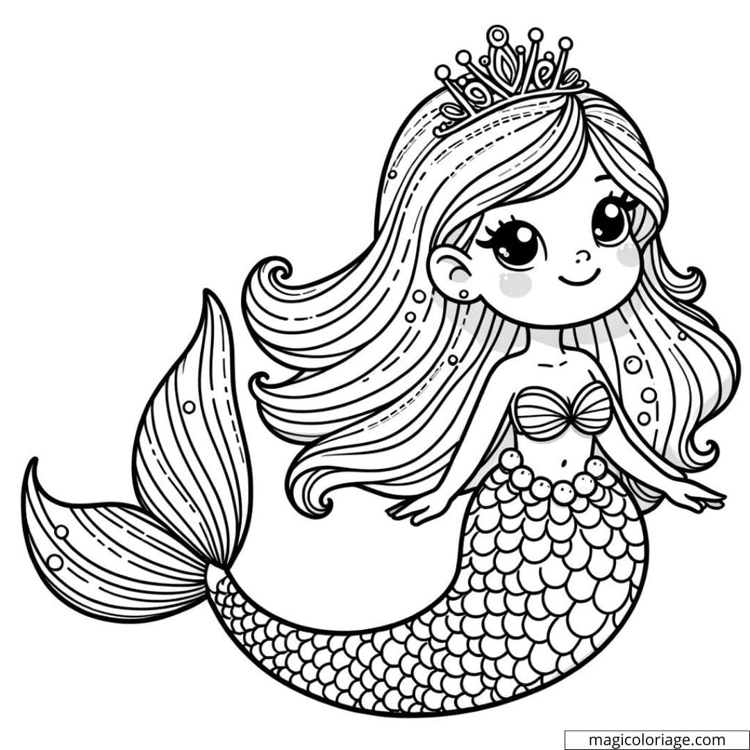 Coloriage de sirène avec une queue écailleuse détaillée.