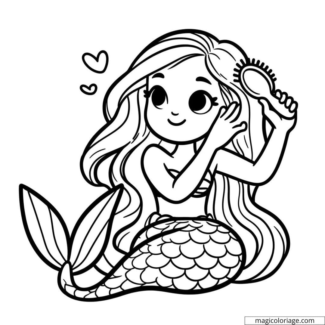 Coloriage de sirène peignant ses cheveux