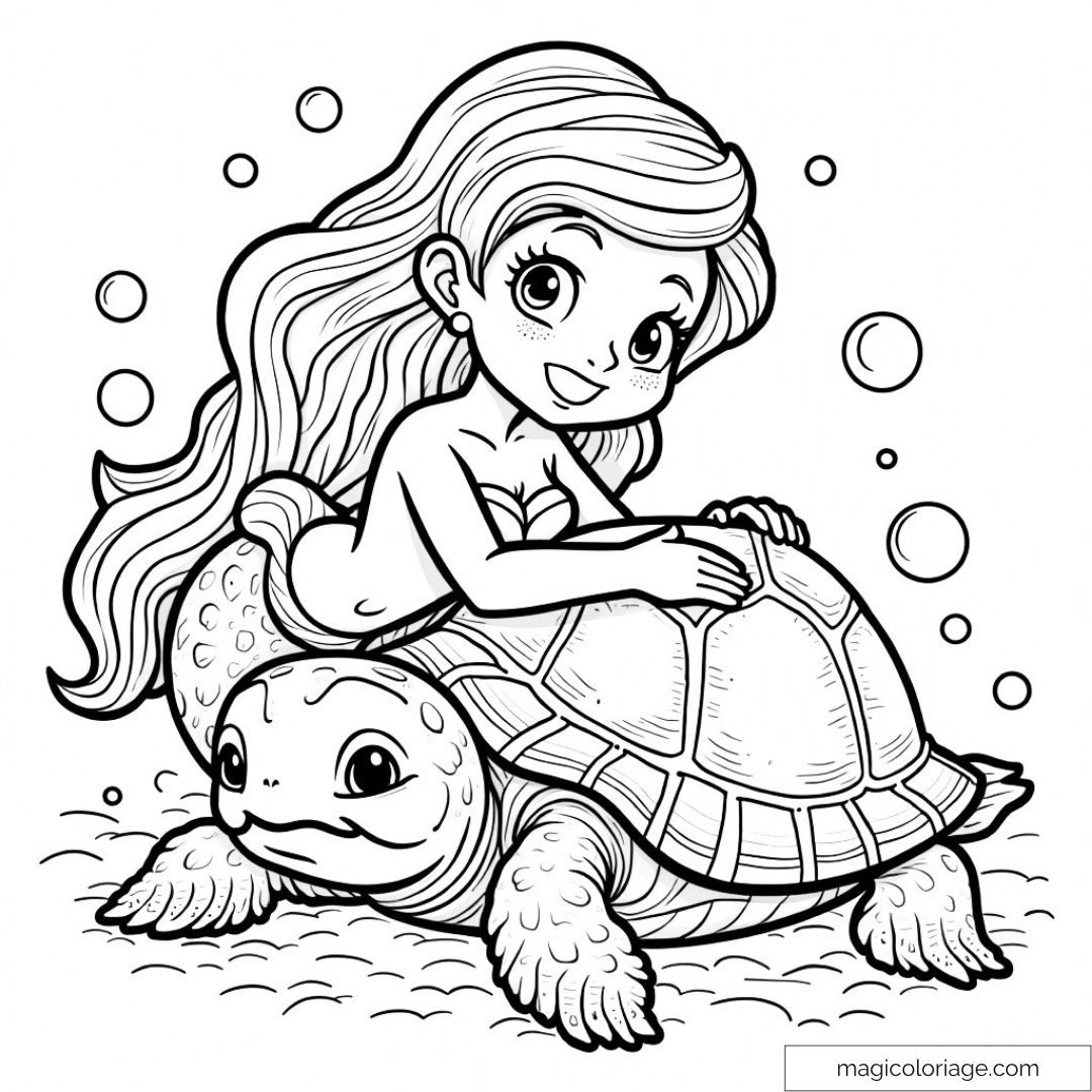 Sirène souriante sur une tortue marine avec des bulles autour