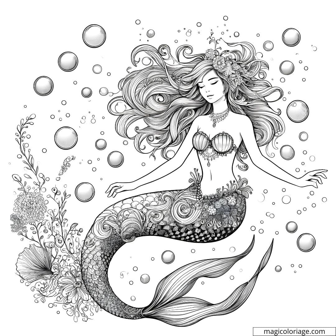Coloriage de sirène entourée de bulles.