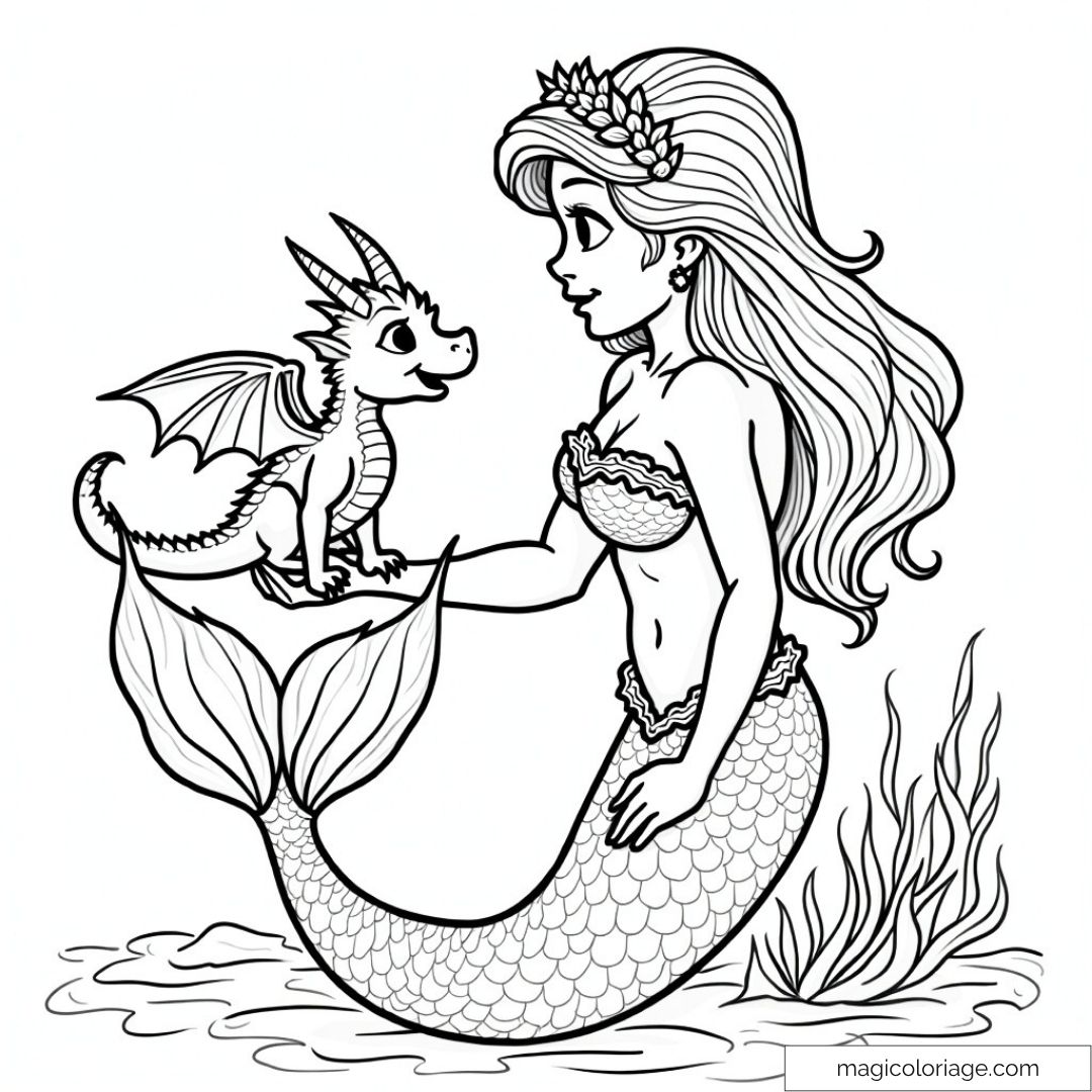 Sirène tenant un petit dragon au bord de l'eau