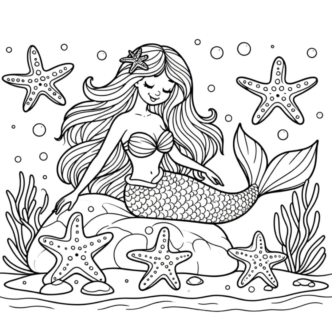 Dessin à colorier de sirène et étoiles de mer pour enfants