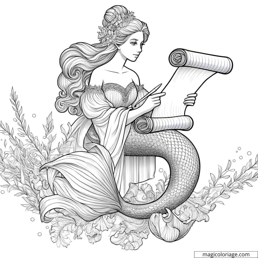 Coloriage de sirène lisant un parchemin.