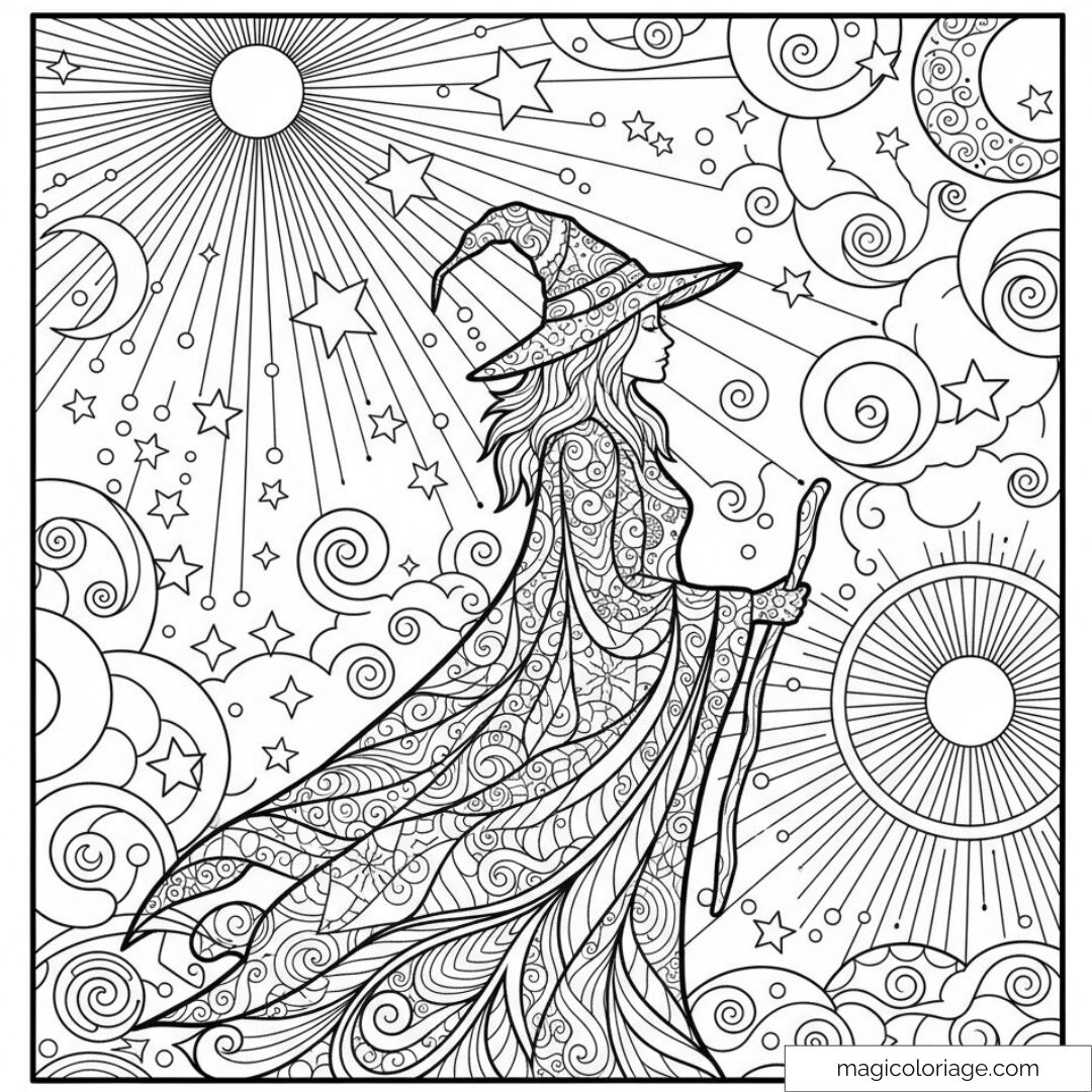 Sorcière au chapeau avec ciel étoilé et rayons de soleil