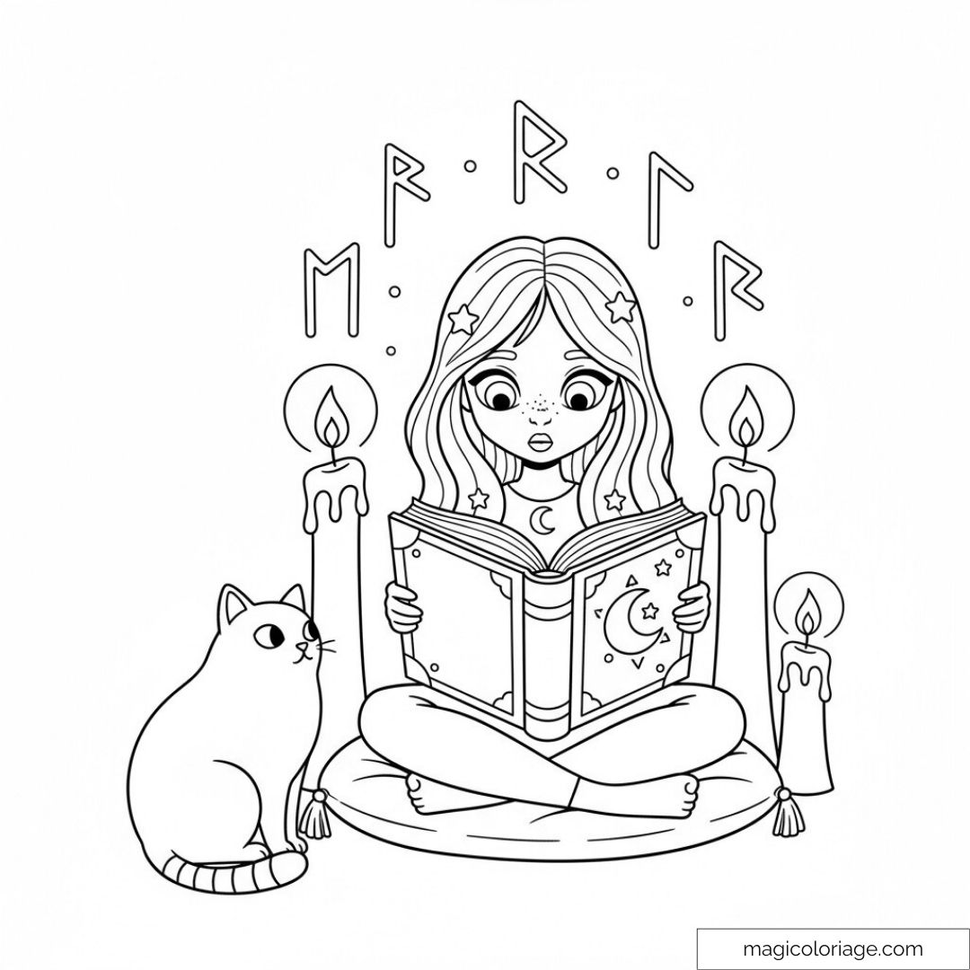Fille sorcière lisant un livre avec un chat et des bougies.