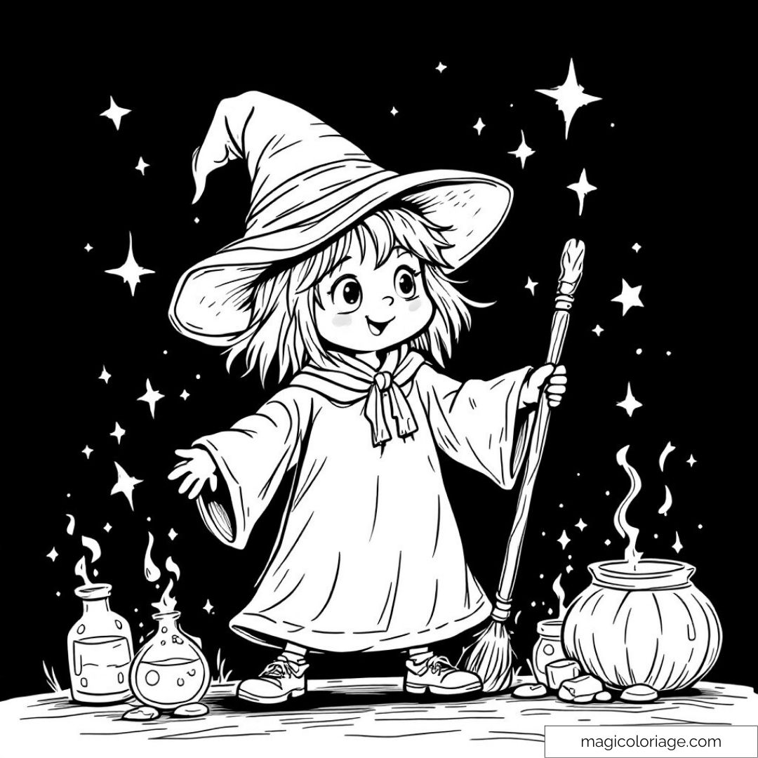 Petit sorcier avec chapeau et potions