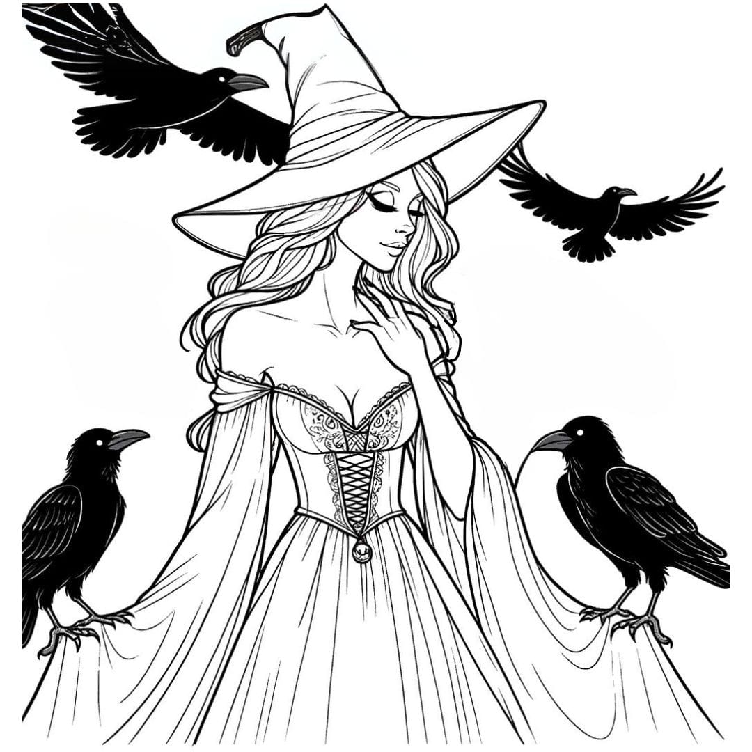 Dessin à colorier de sorcière avec corbeaux mystérieux pour Halloween