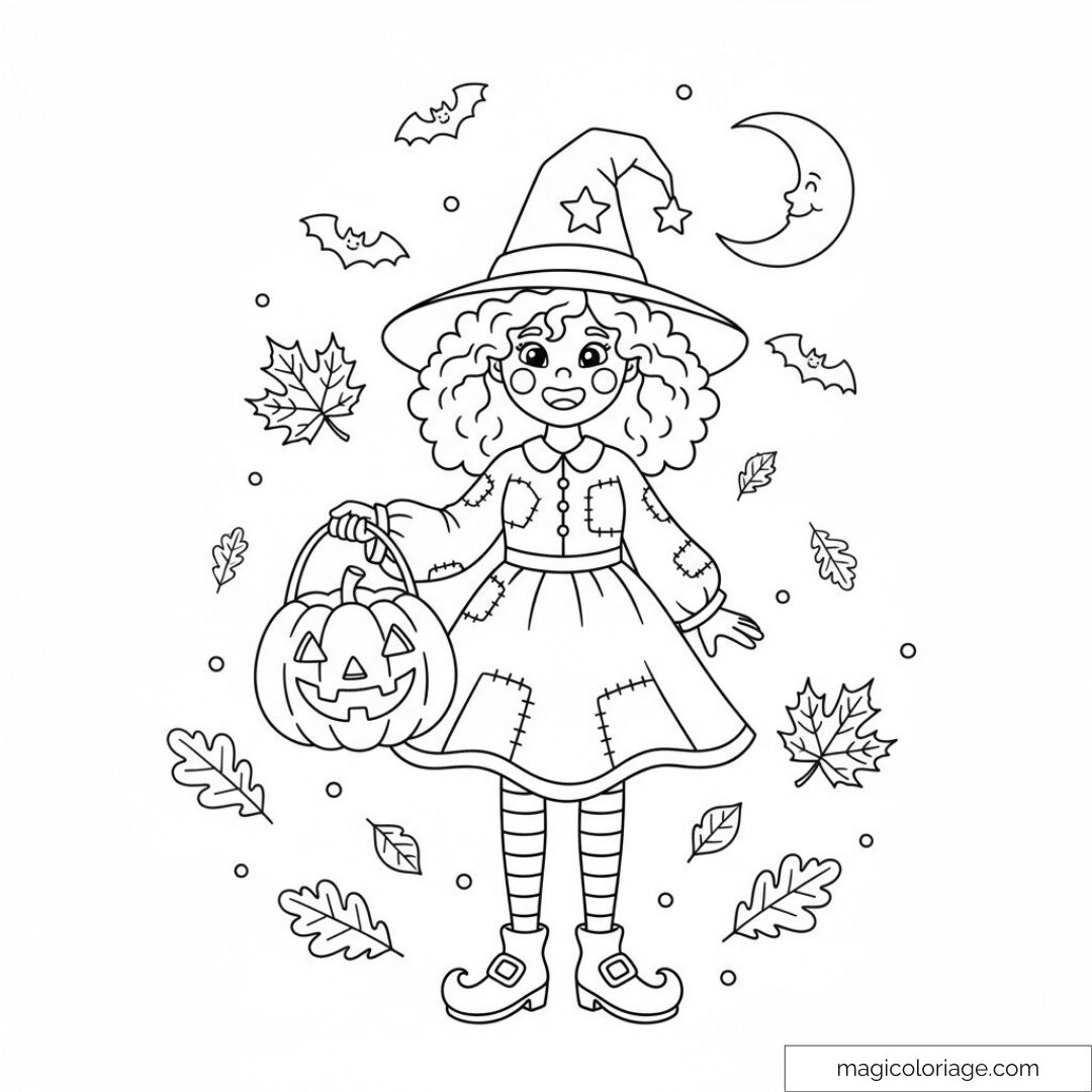Sorcière et citrouille avec chauves-souris et feuilles d'automne