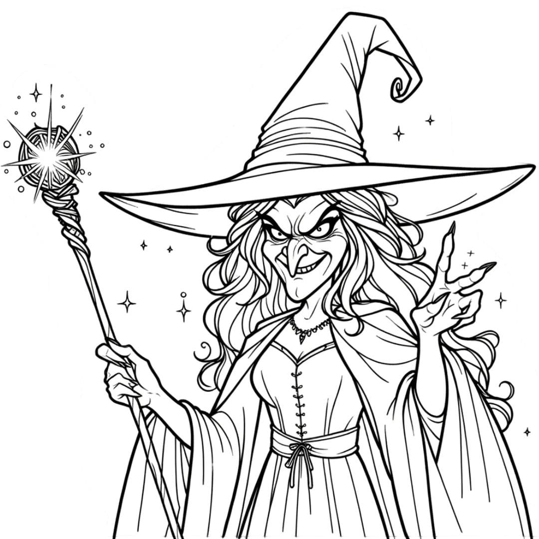 Dessin à colorier de sorcière méchante avec un bâton magique