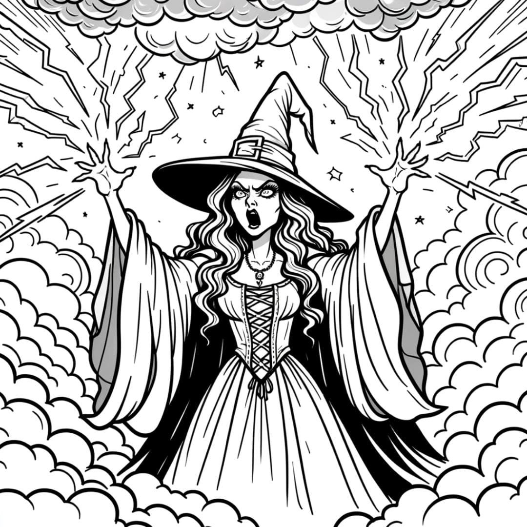 Dessin à colorier de sorcière méchante créant une tempête pour enfants