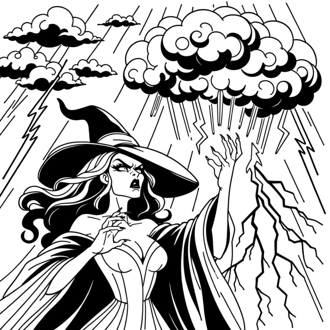 Dessin à colorier de sorcière méchante créant une tempête