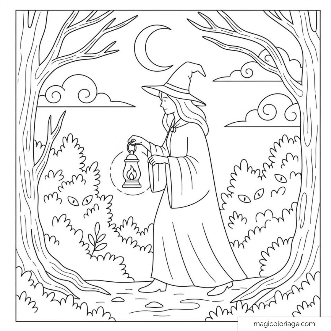 Sorcière nocturne avec chapeau et lanterne dans forêt enchantée.
