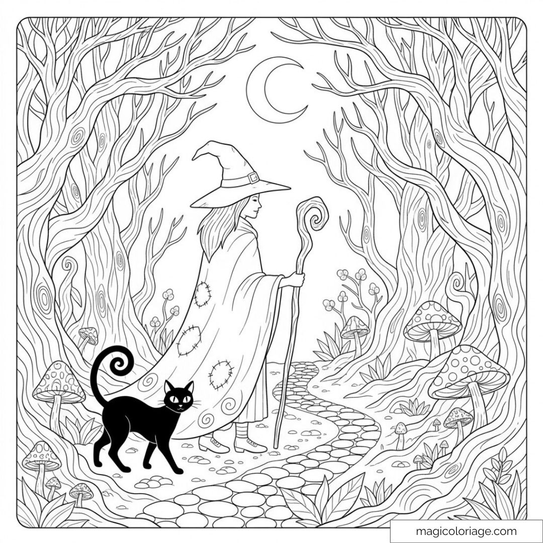 Coloriage sorcière en forêt avec chat noir et champignons magiques.