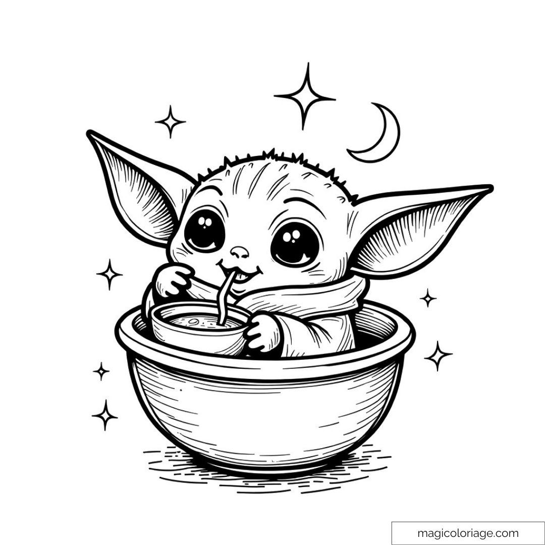 Coloriage bébé extraterrestre mignon avec bol et étoiles.