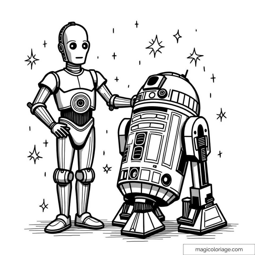 Robot R2-D2 et C-3PO à colorier pour enfants