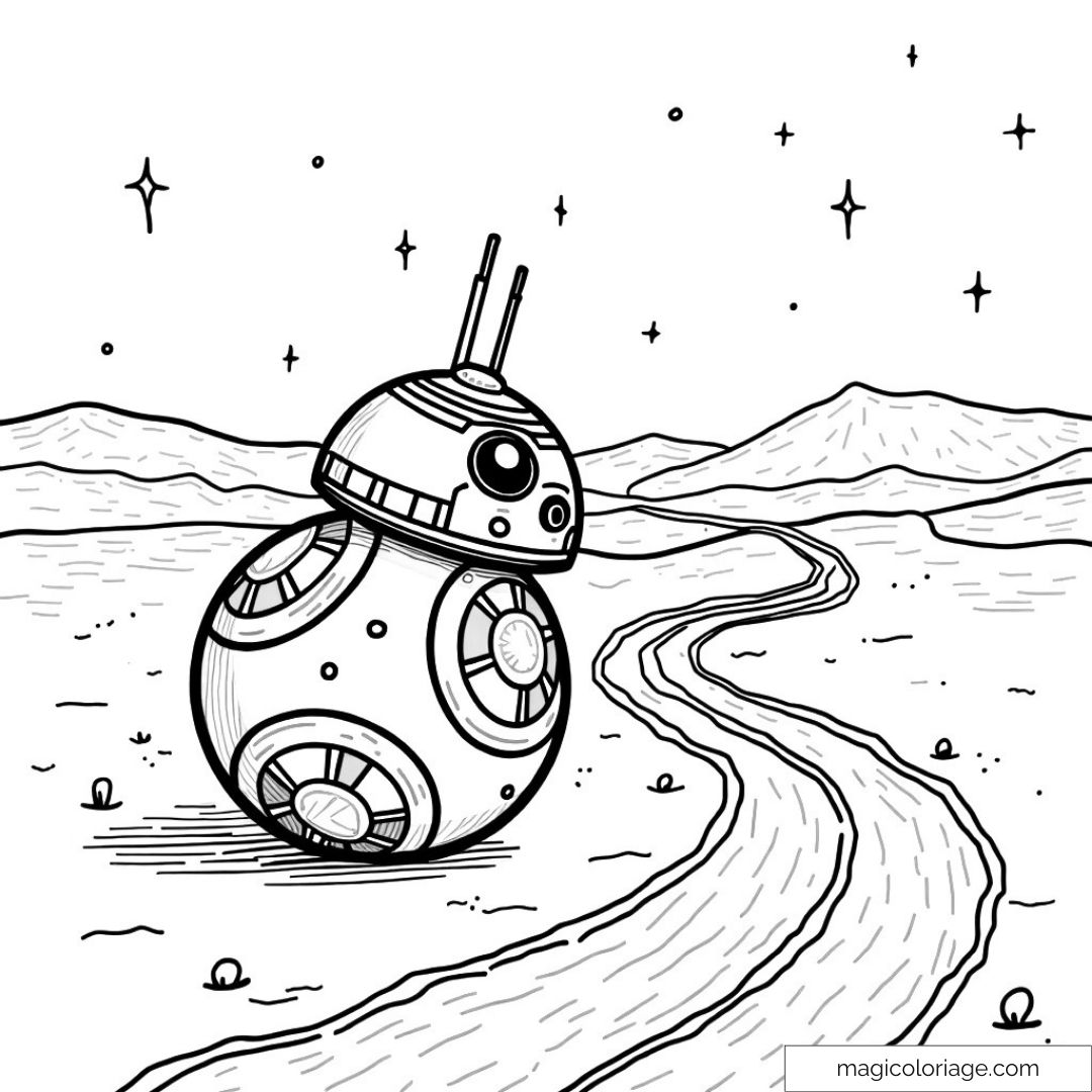 Robot BB-8 sur une planète désertique sous un ciel étoilé