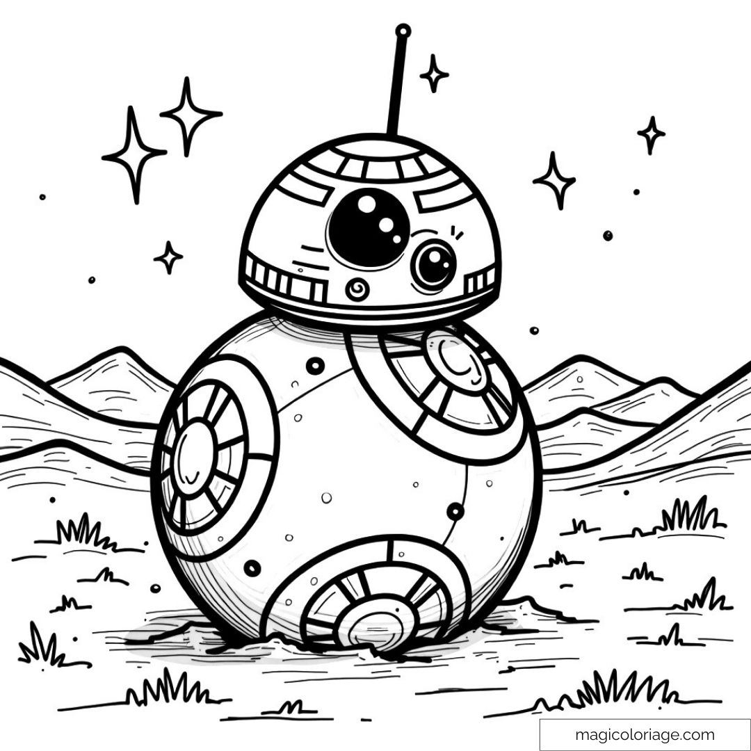 Coloriage du droïde BB-8 sur paysage étoilé