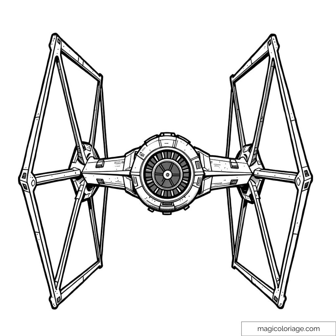 Dessin détaillé d'un chasseur TIE de Star Wars à colorier.