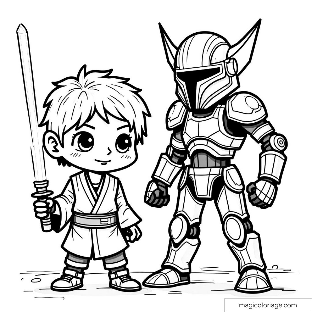 Coloriage de Jedi et guerrier en armure pour enfants
