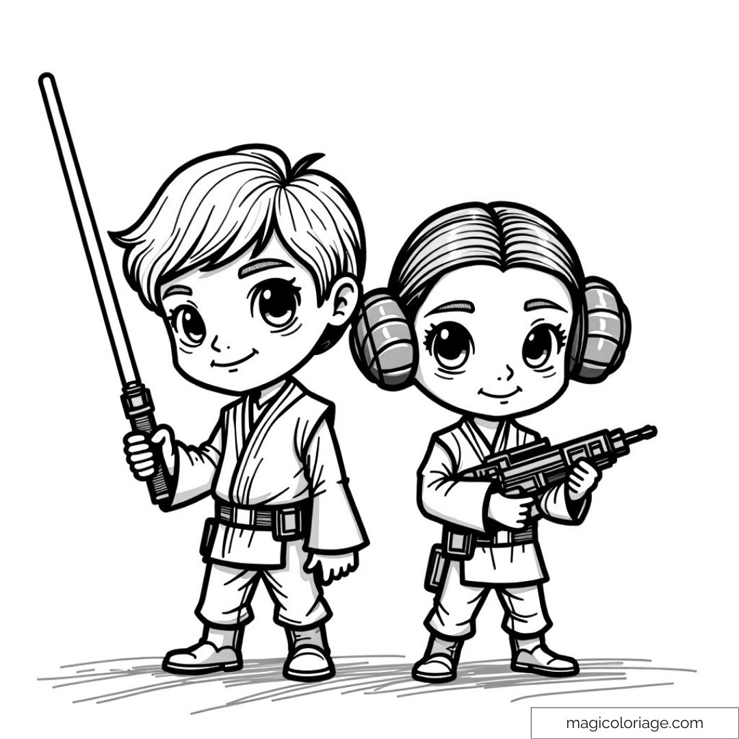 Dessin à colorier Jedi et princesse avec sabre laser et blaster.