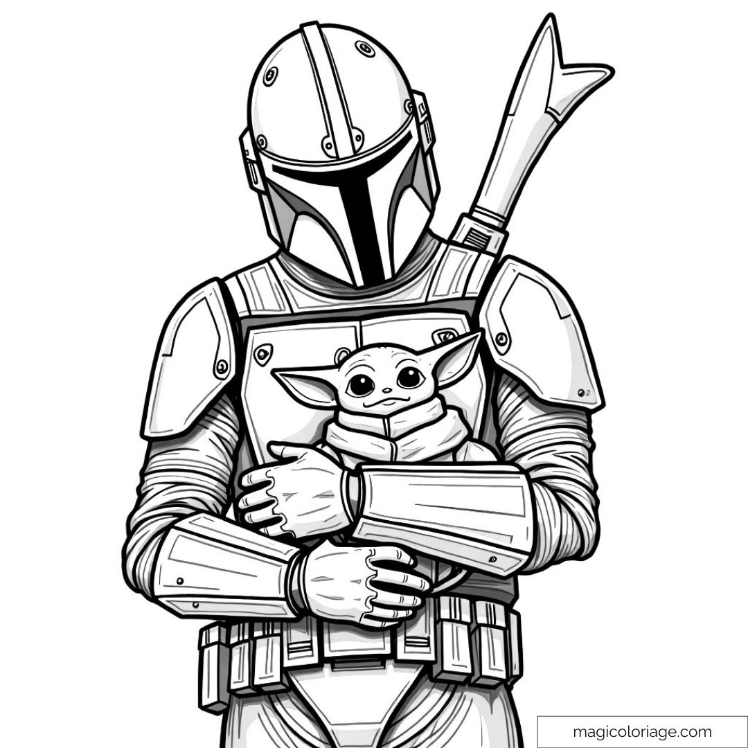 Coloriage Mandalorian tenant bébé Grogu en armure