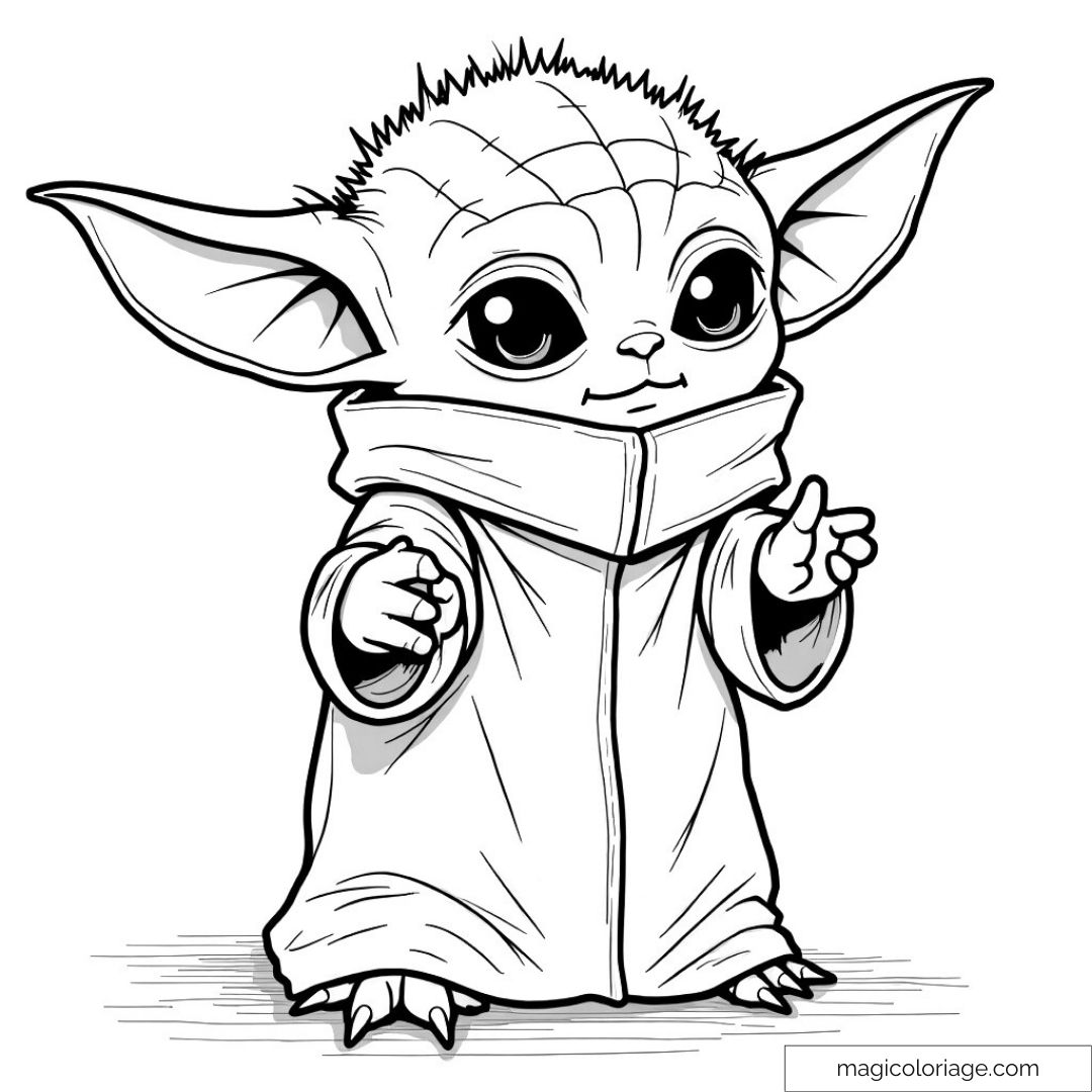 Coloration mignonne de Baby Yoda avec grandes oreilles et robe