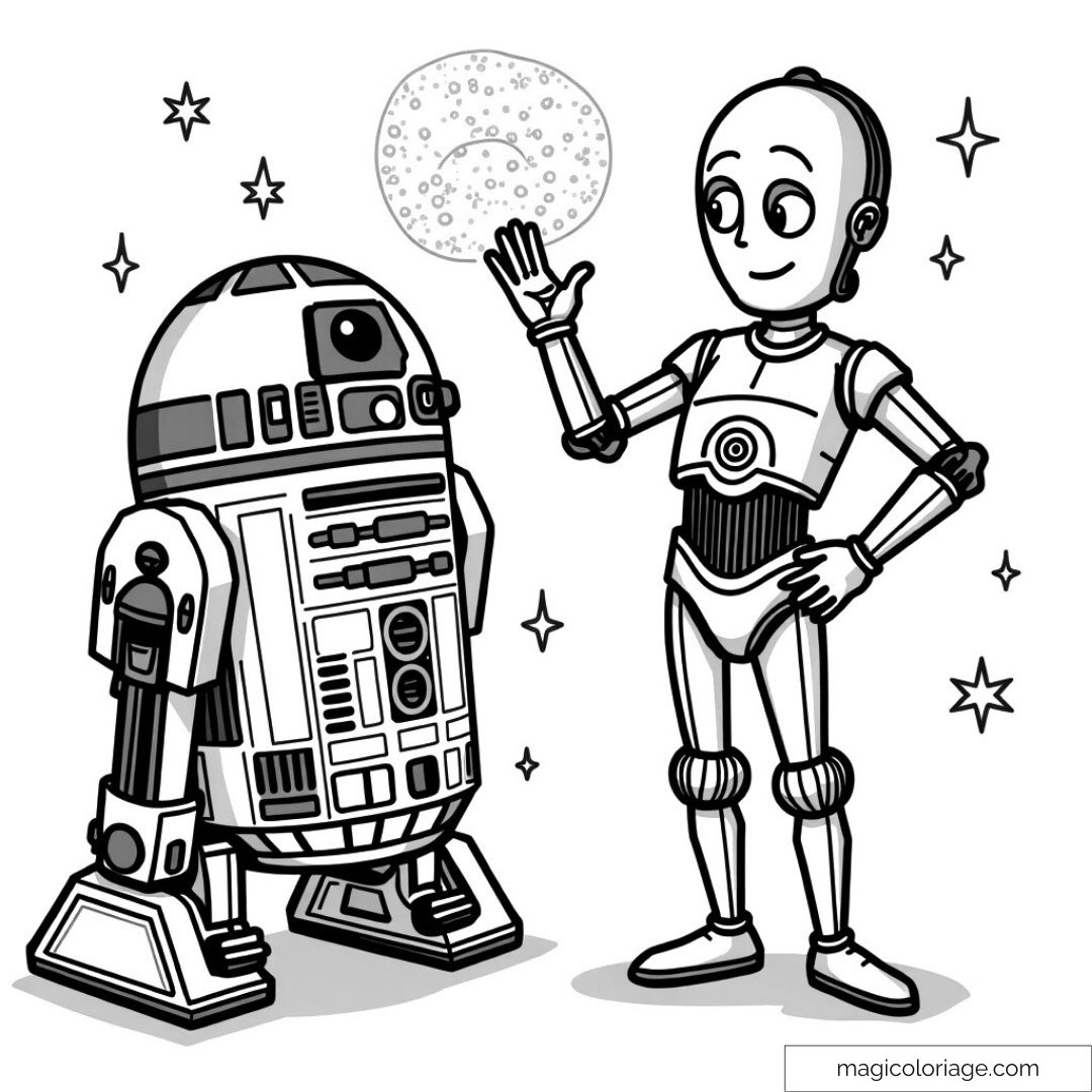 R2-D2 et C-3PO sous un ciel étoilé dans l'espace