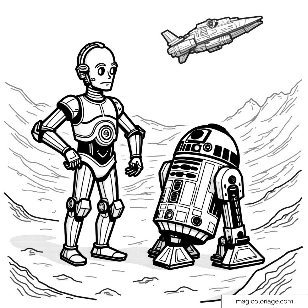 Deux robots interstellaires sur une planète avec un vaisseau.