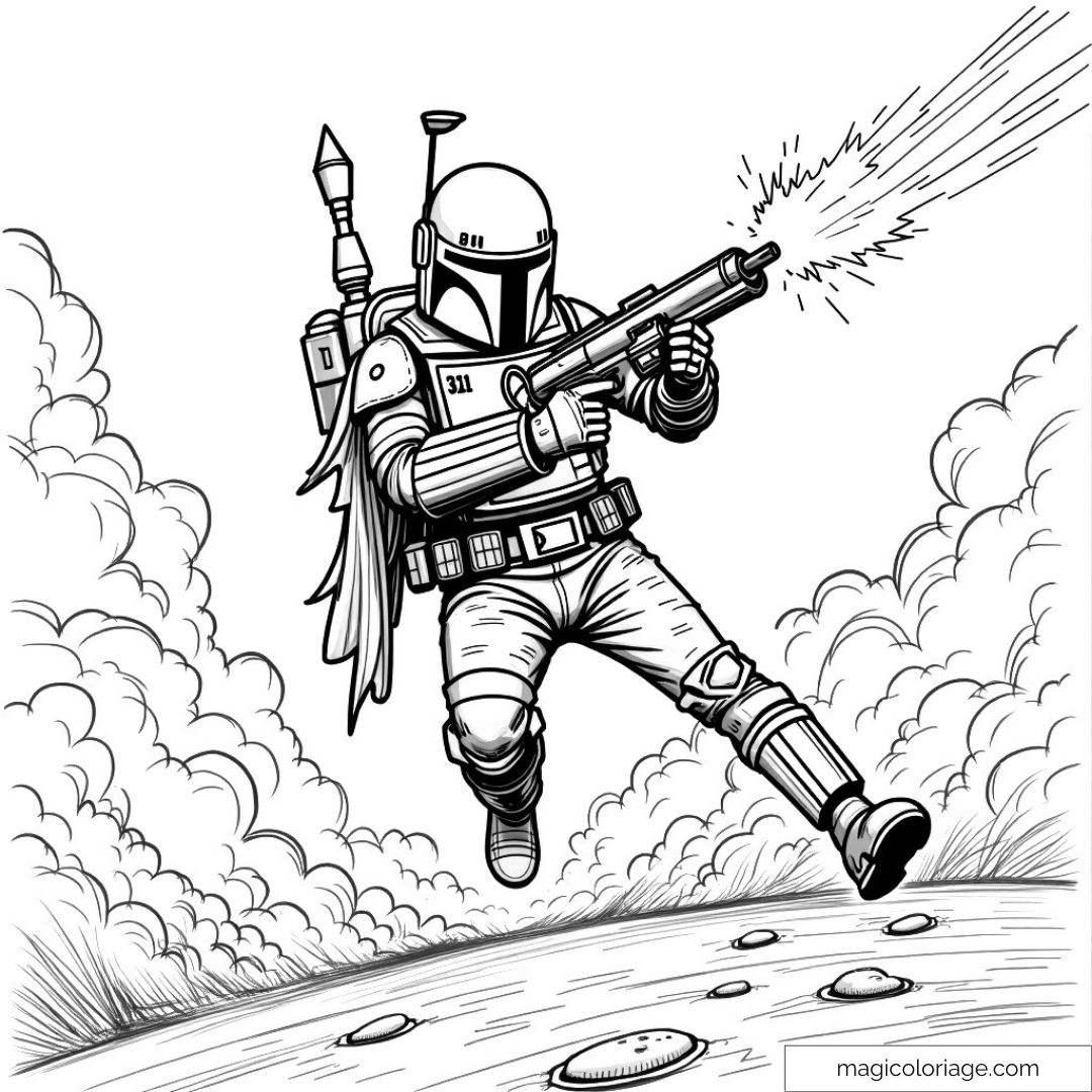 Dessin de Mandalorien en action avec un décor futuriste à colorier.