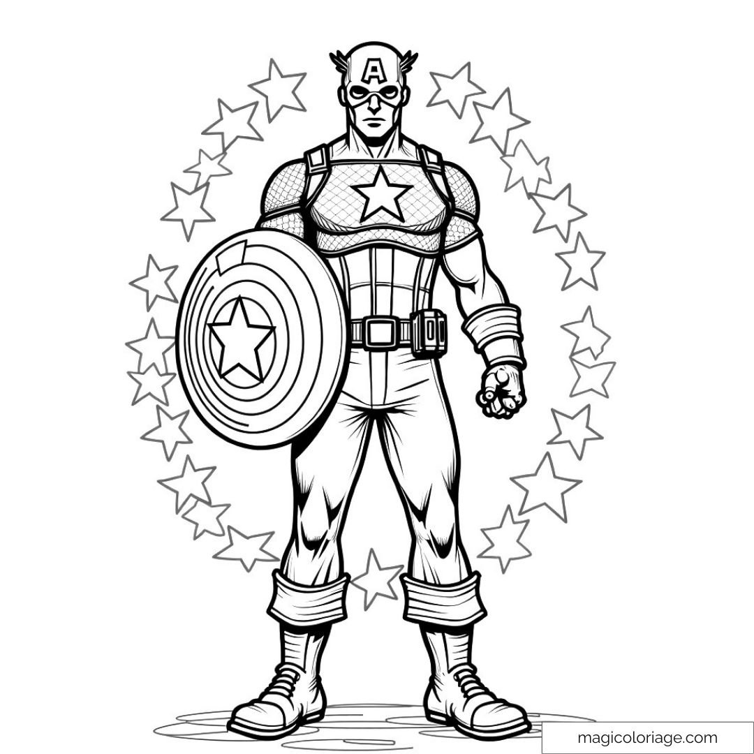 Illustration de Captain America avec son bouclier entouré d'étoiles.