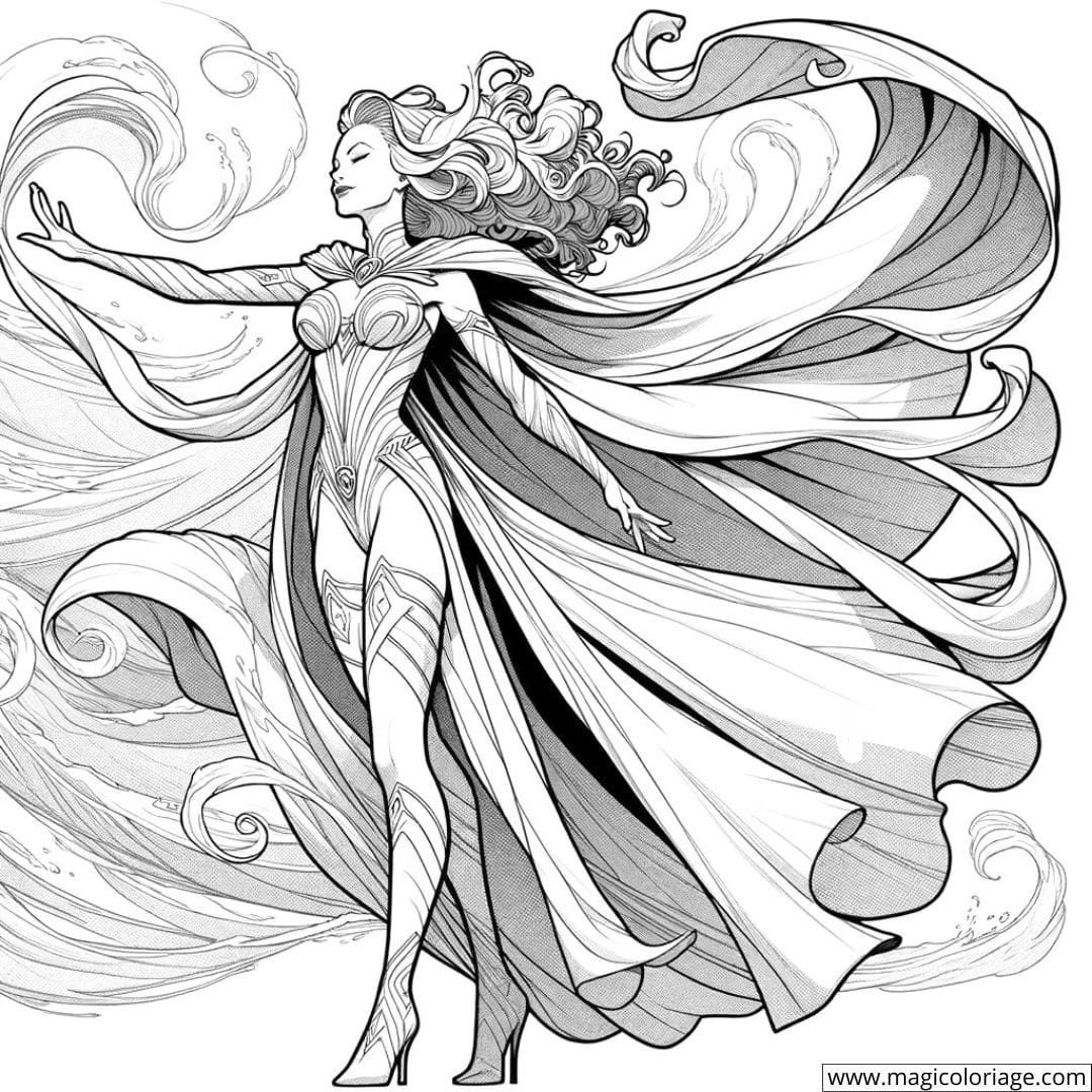 Dessin à colorier du Super-héros La Tornade, contrôleuse des vents, pour enfants
