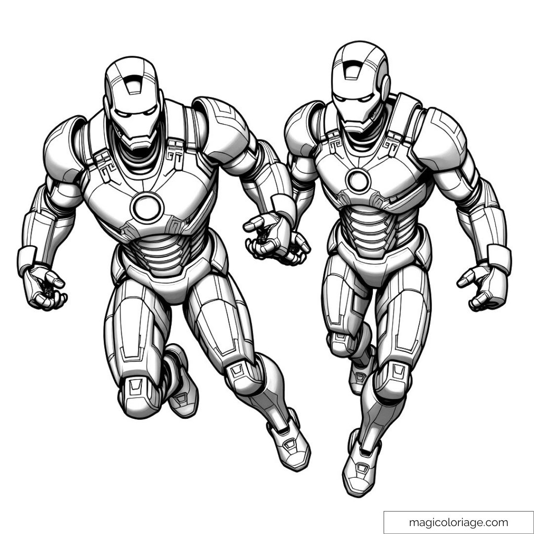 Deux super-héros identiques volant côte à côte