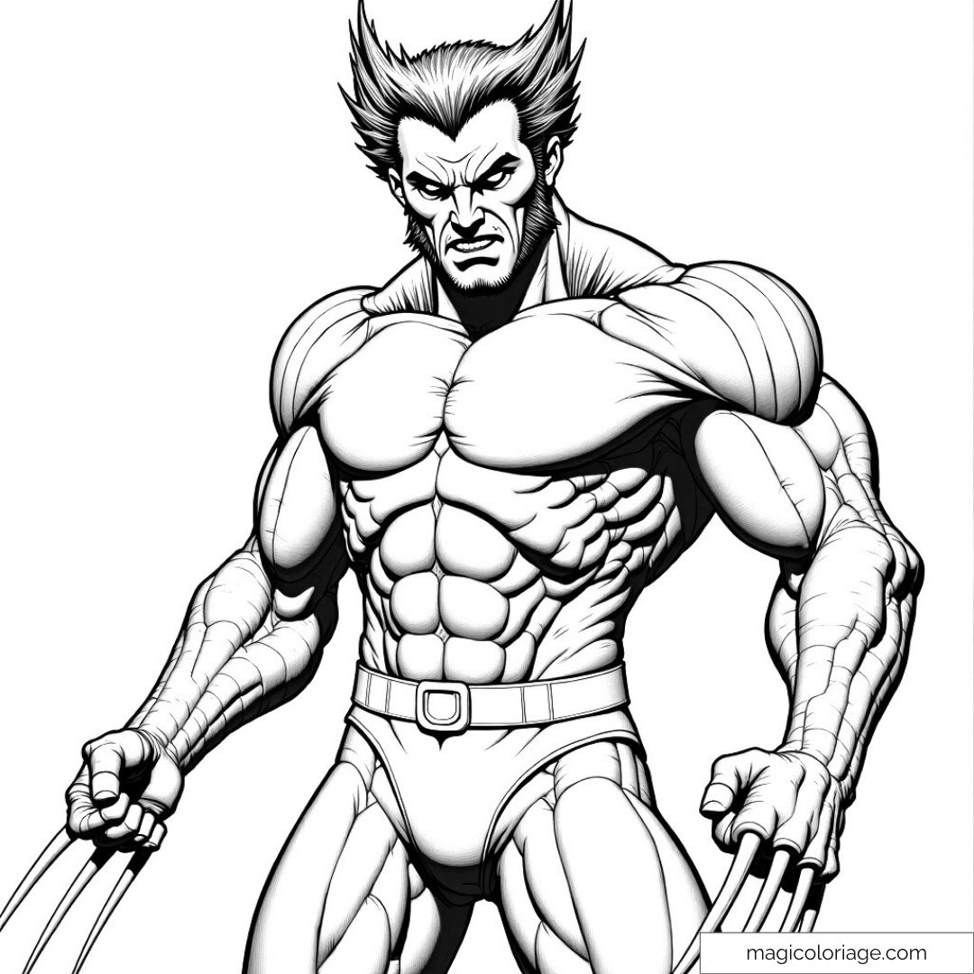 Dessin de Wolverine en action avec expression déterminée et griffes.