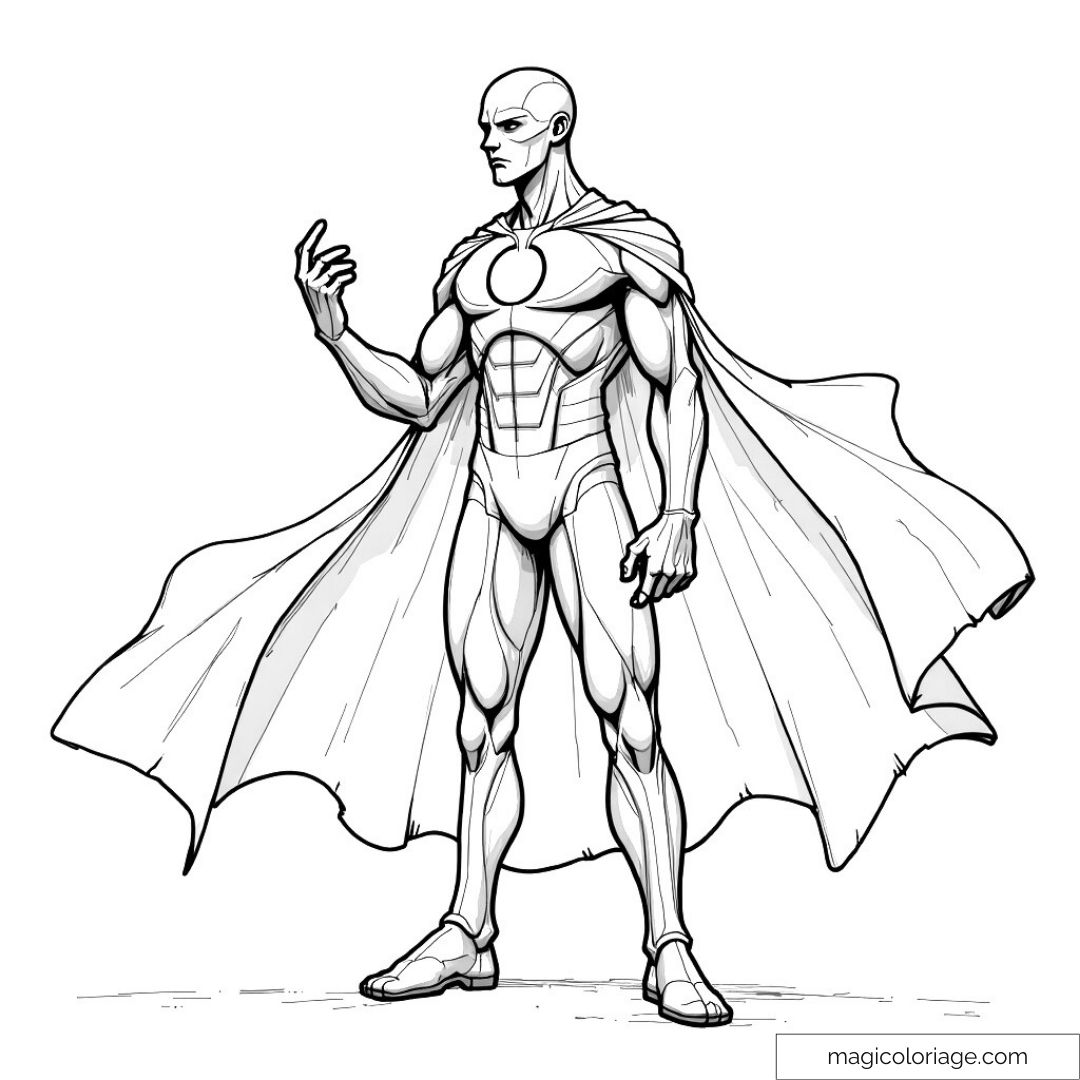 Super-héros musclé avec cape prêt à l'action à colorier.