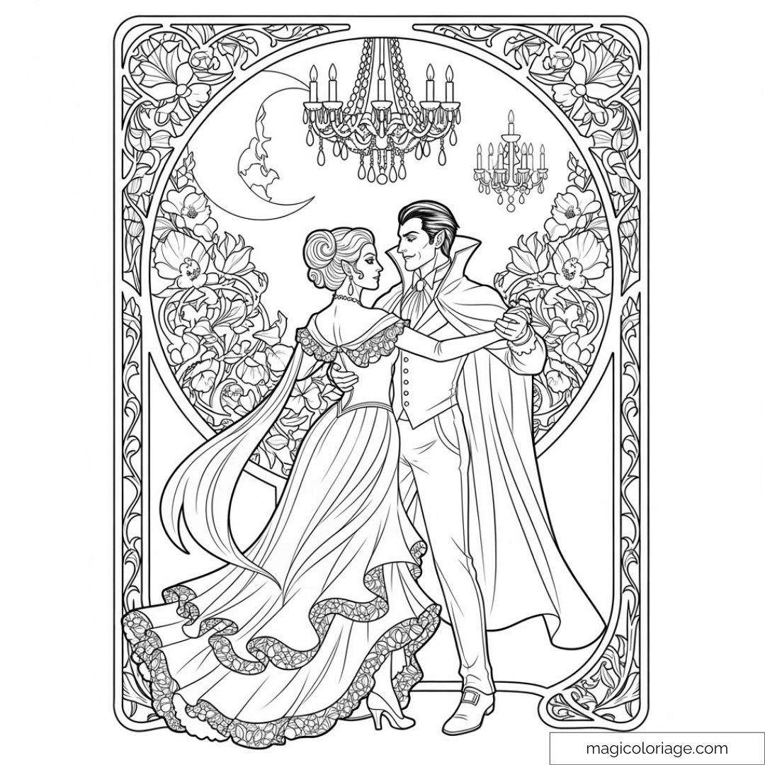 Dessin de couple dansant avec chandeliers et fleurs