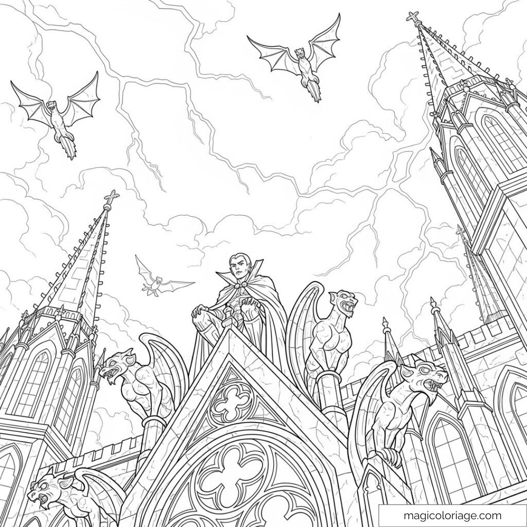 Dessin de Dracula sur cathédrale avec gargouilles et chauves-souris volantes.